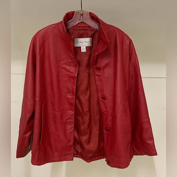 Women's Medium Ellen Tracy Red Leather Satin Lined Button Closure Jacket Coat - Picture 1 of 16